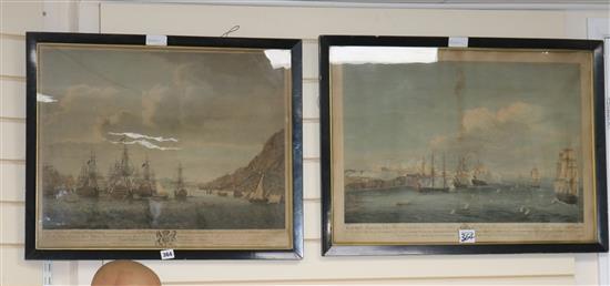 Afer Serres, two coloured engravings, View of the Relief of Gibraltar and HMS Dragon attacking Moro, overall 49 x 68cm